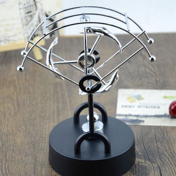 Fan-shaped Three Dolphins Style Kinetic Desk Toy Electronic Perpetual Swing Motion Art Office Decoration Silver & Black