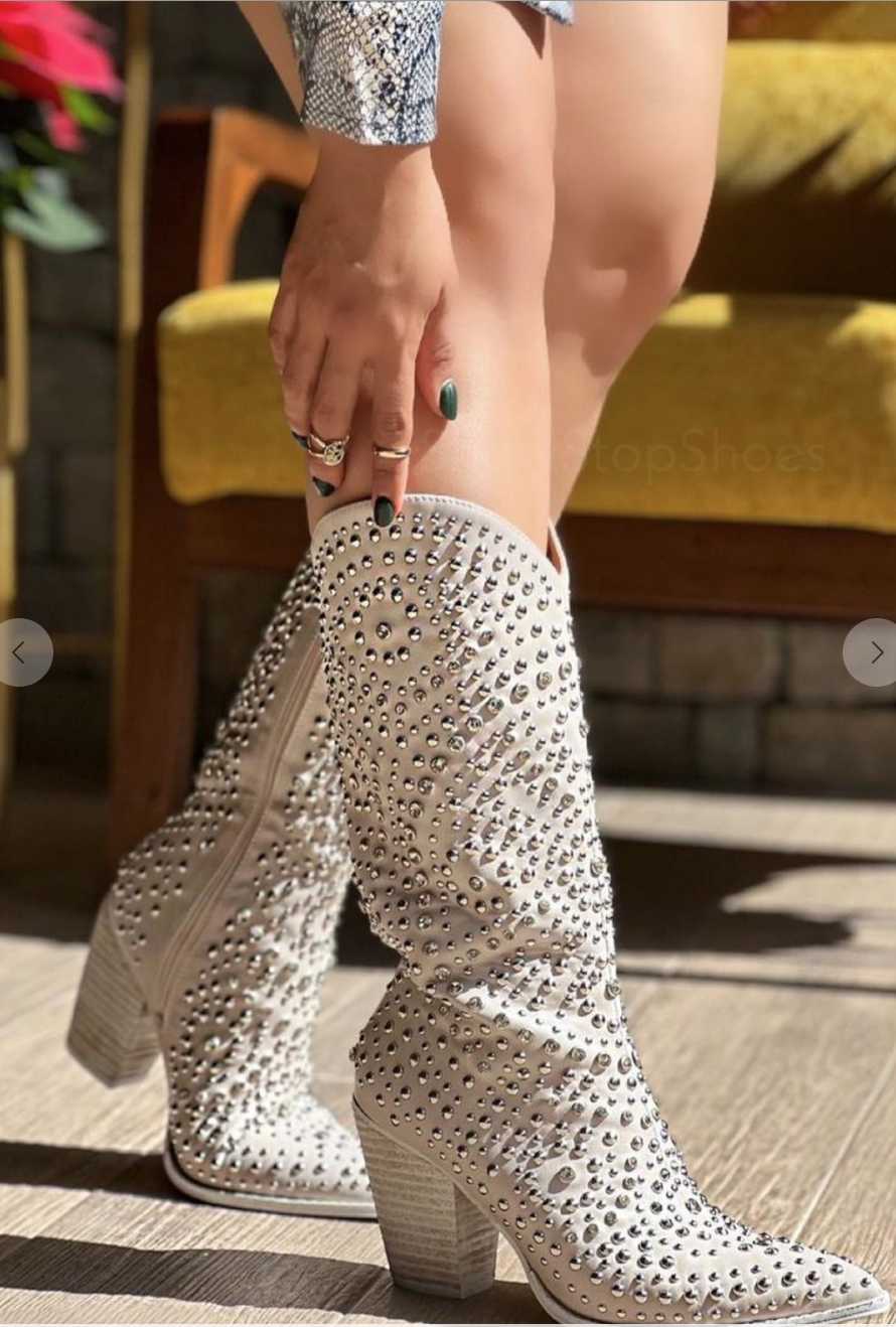Rhinestone Cowgirl Studded Boots - Vegan Leather with Lightweight Heel
