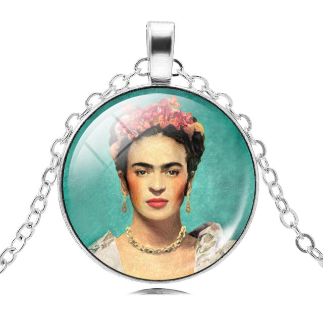 LIEBE ENGEL Frida Kahlo Glass Cabochon Choker Necklace - Vintage Silver Chain Statement Jewelry for Women