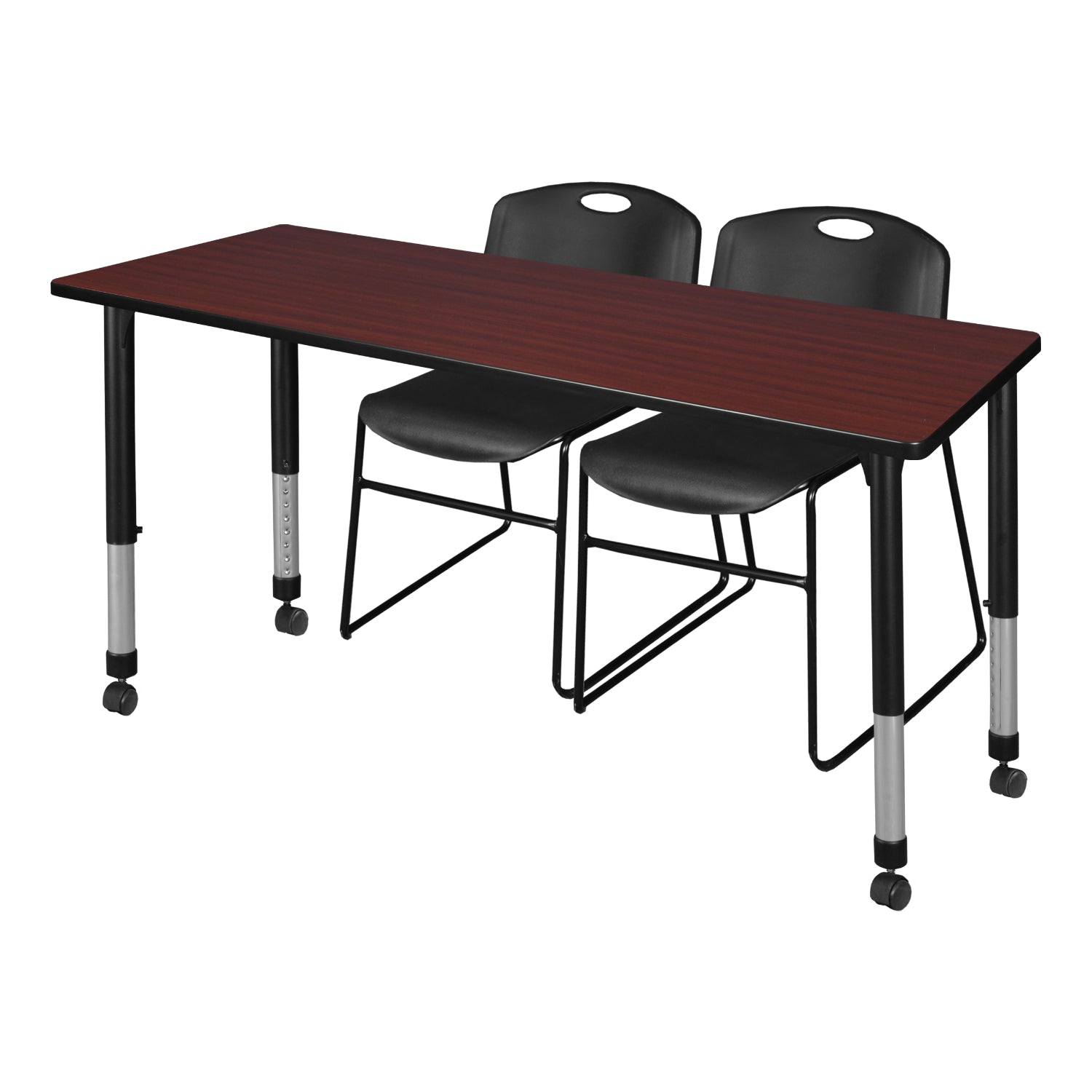 Kee Classroom Table and Chair Package - Adjustable Height Table with 2 Black Zeng Stack Chairs