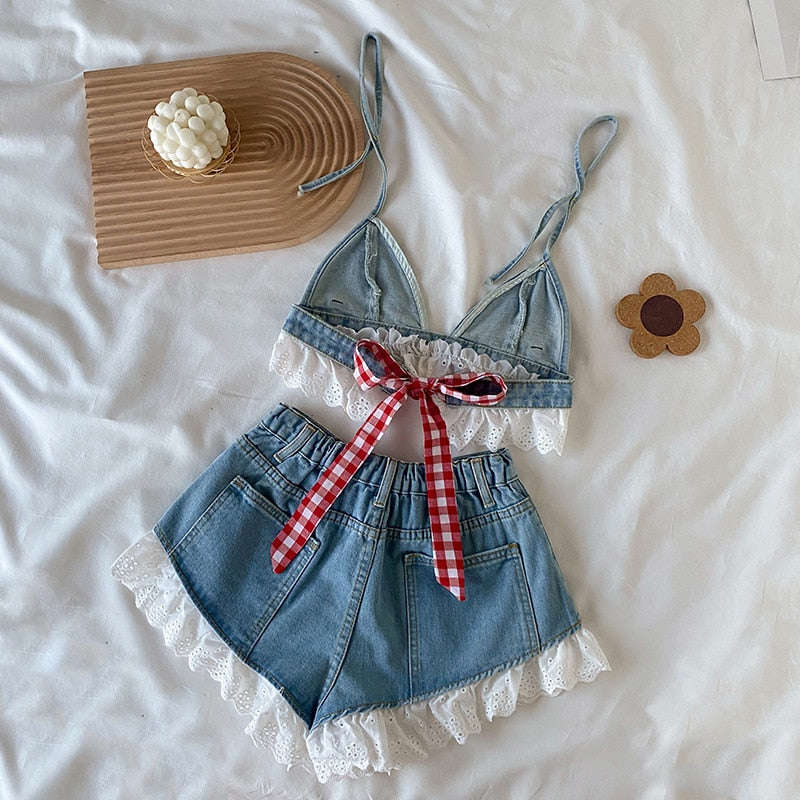 Denim Crop Top + Shorts Summer Clothing Set for Girls Aged 3-16