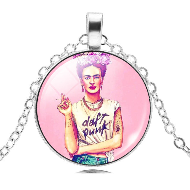 LIEBE ENGEL Frida Kahlo Glass Cabochon Choker Necklace - Vintage Silver Chain Statement Jewelry for Women