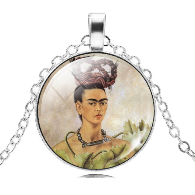 LIEBE ENGEL Frida Kahlo Glass Cabochon Choker Necklace - Vintage Silver Chain Statement Jewelry for Women