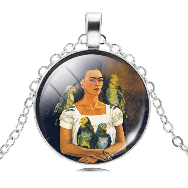 LIEBE ENGEL Frida Kahlo Glass Cabochon Choker Necklace - Vintage Silver Chain Statement Jewelry for Women