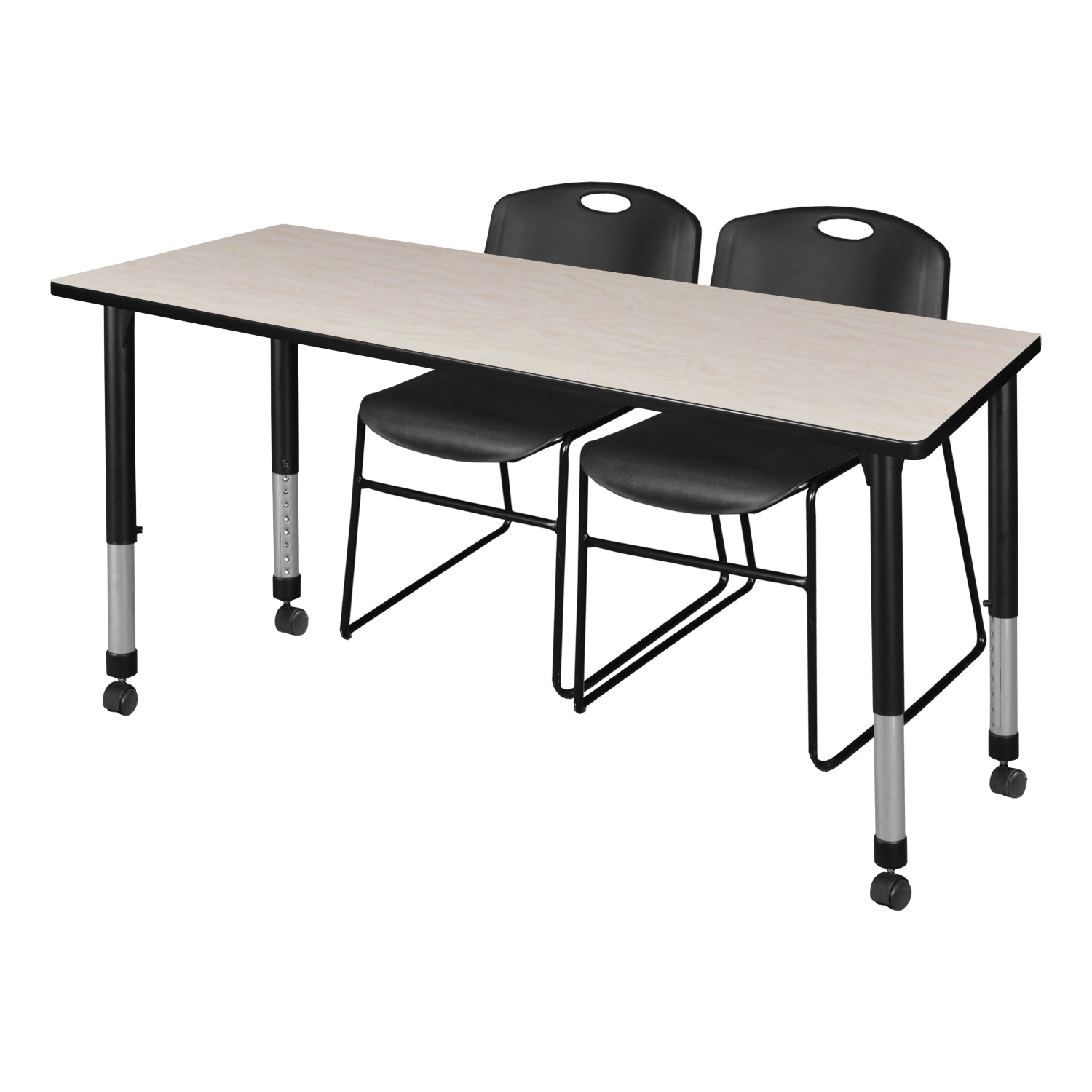 Kee Classroom Table and Chair Package - Adjustable Height Table with 2 Black Zeng Stack Chairs