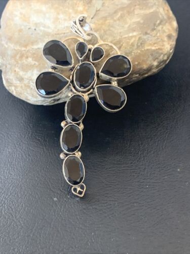 Handcrafted Sterling Silver Dragonfly Pendant with Faceted Black Onyx Gems
