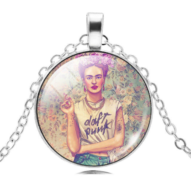LIEBE ENGEL Frida Kahlo Glass Cabochon Choker Necklace - Vintage Silver Chain Statement Jewelry for Women