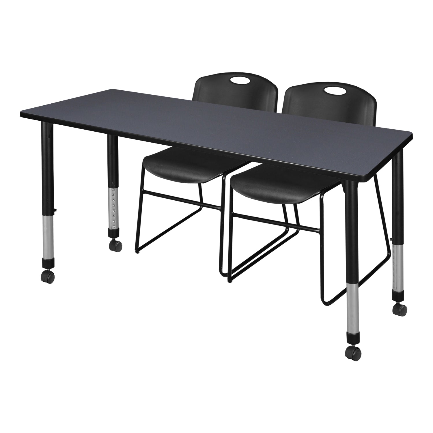 Kee Classroom Table and Chair Package - Adjustable Height Table with 2 Black Zeng Stack Chairs