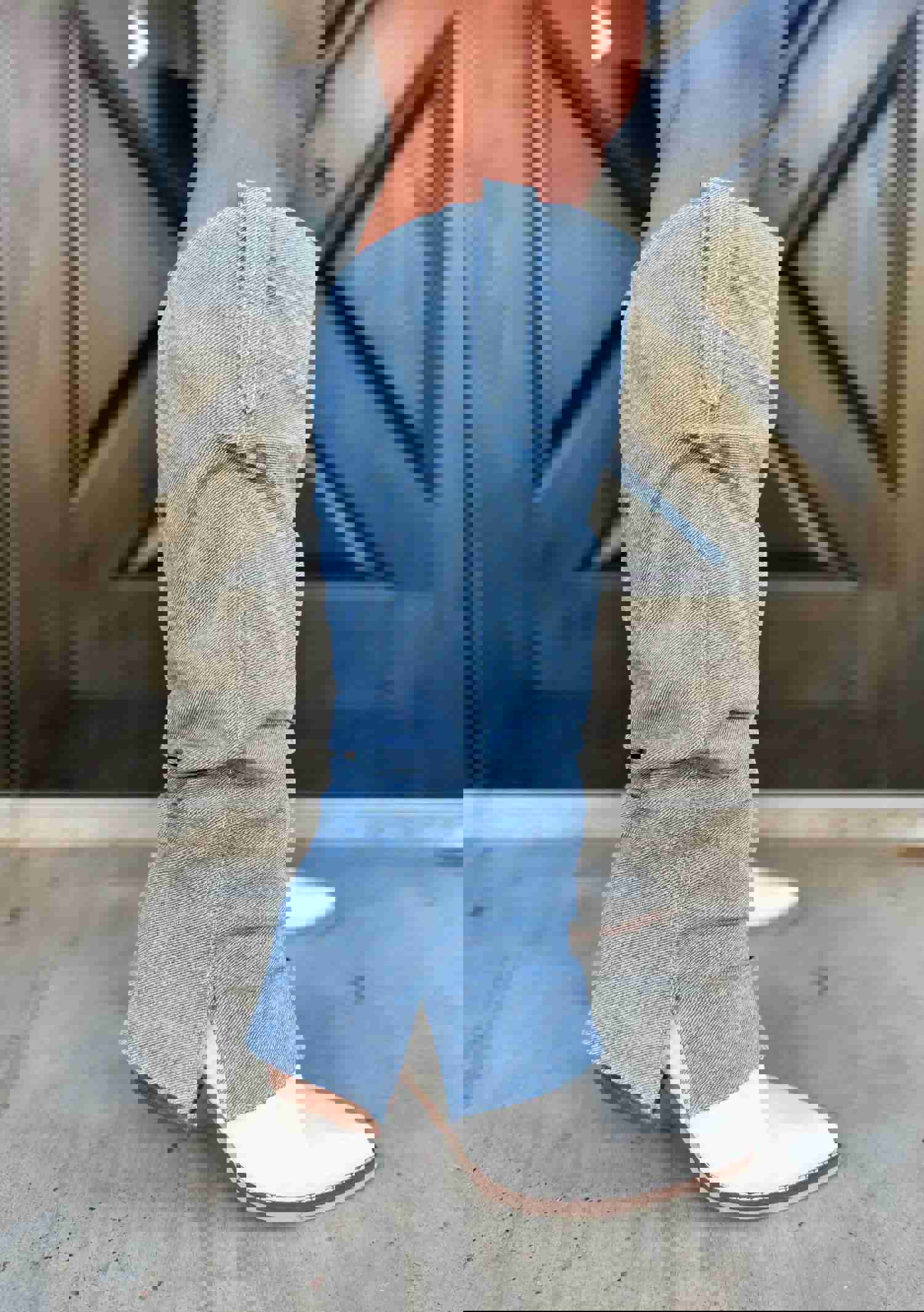 Denim Cowgirl Boots - Knee High Light Denim Boots with Slit Jean Detail