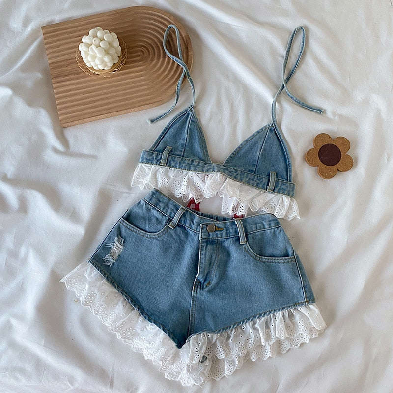 Denim Crop Top + Shorts Summer Clothing Set for Girls Aged 3-16