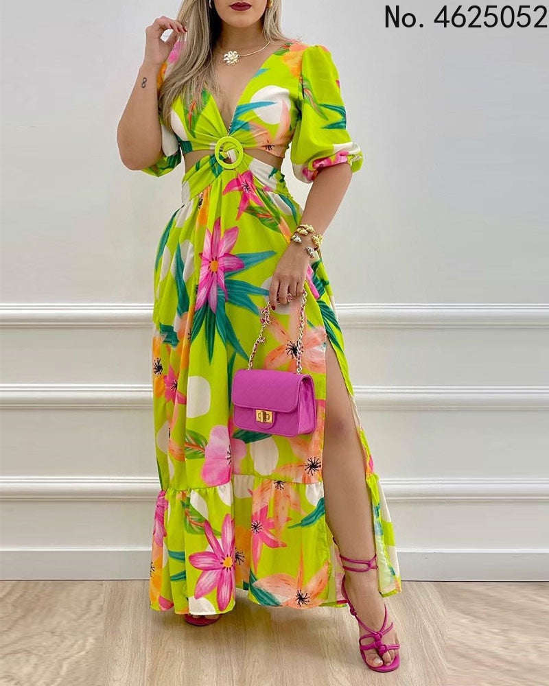 2023 African Summer Long Maxi Dress for Women - V-neck Fashion Print Short Sleeve