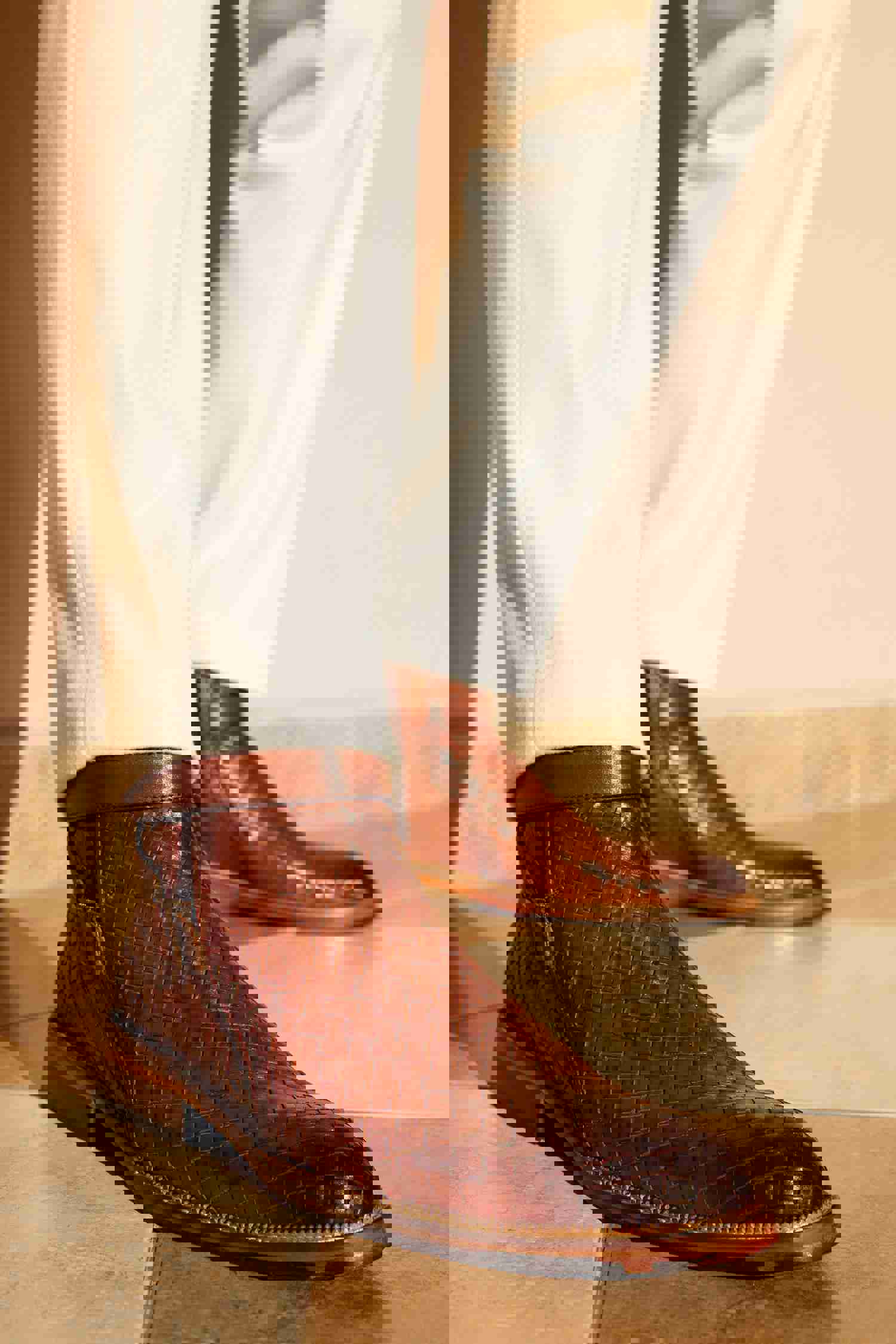 Morral Tan Handwoven Leather Cross Strap Buckle Zip-Up Men Boot