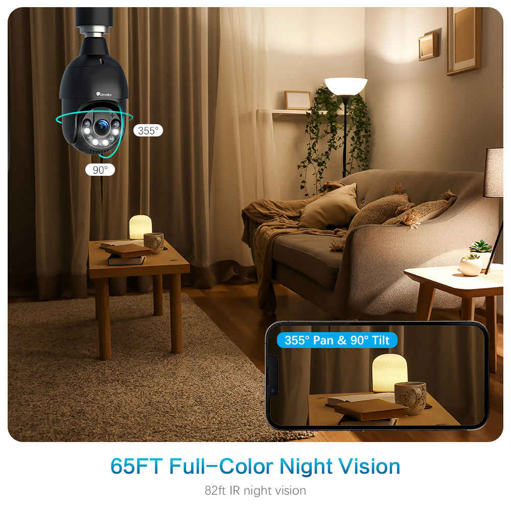 Ctronics 2.5K 4MP Light Bulb Security Camera with 2.4/5GHz WiFi & 65FT Color Night Vision
