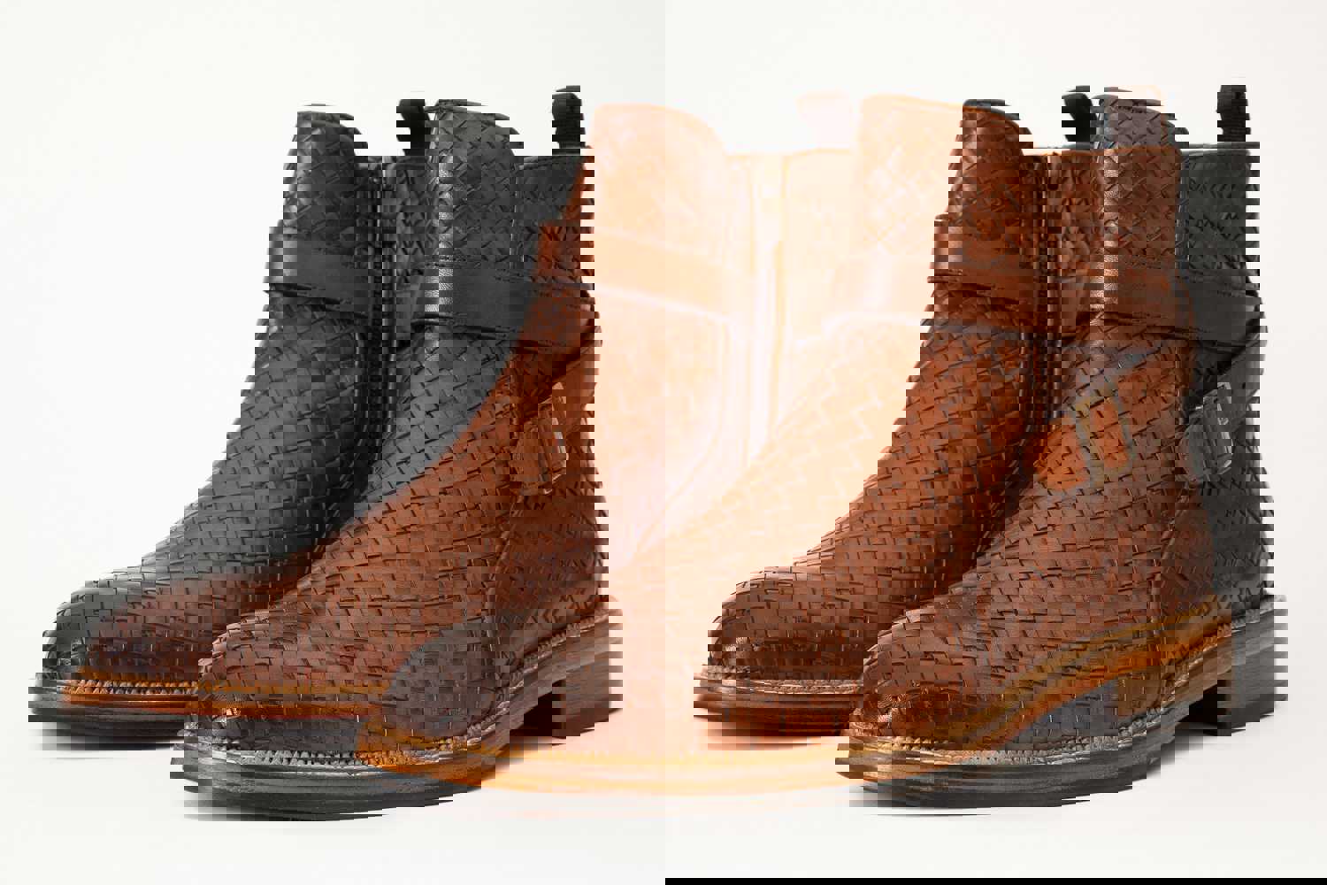 Morral Tan Handwoven Leather Cross Strap Buckle Zip-Up Men Boot