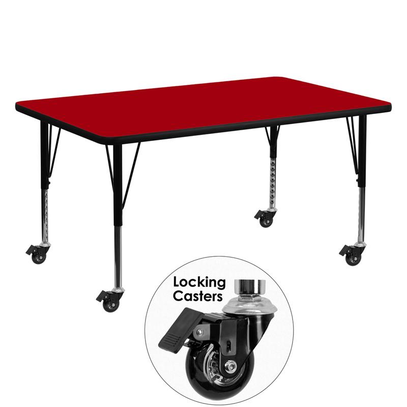 Flash Furniture Mobile 30W x 60L Rectangular Red Thermal Laminate Activity Table - Height Adjustable Short Legs