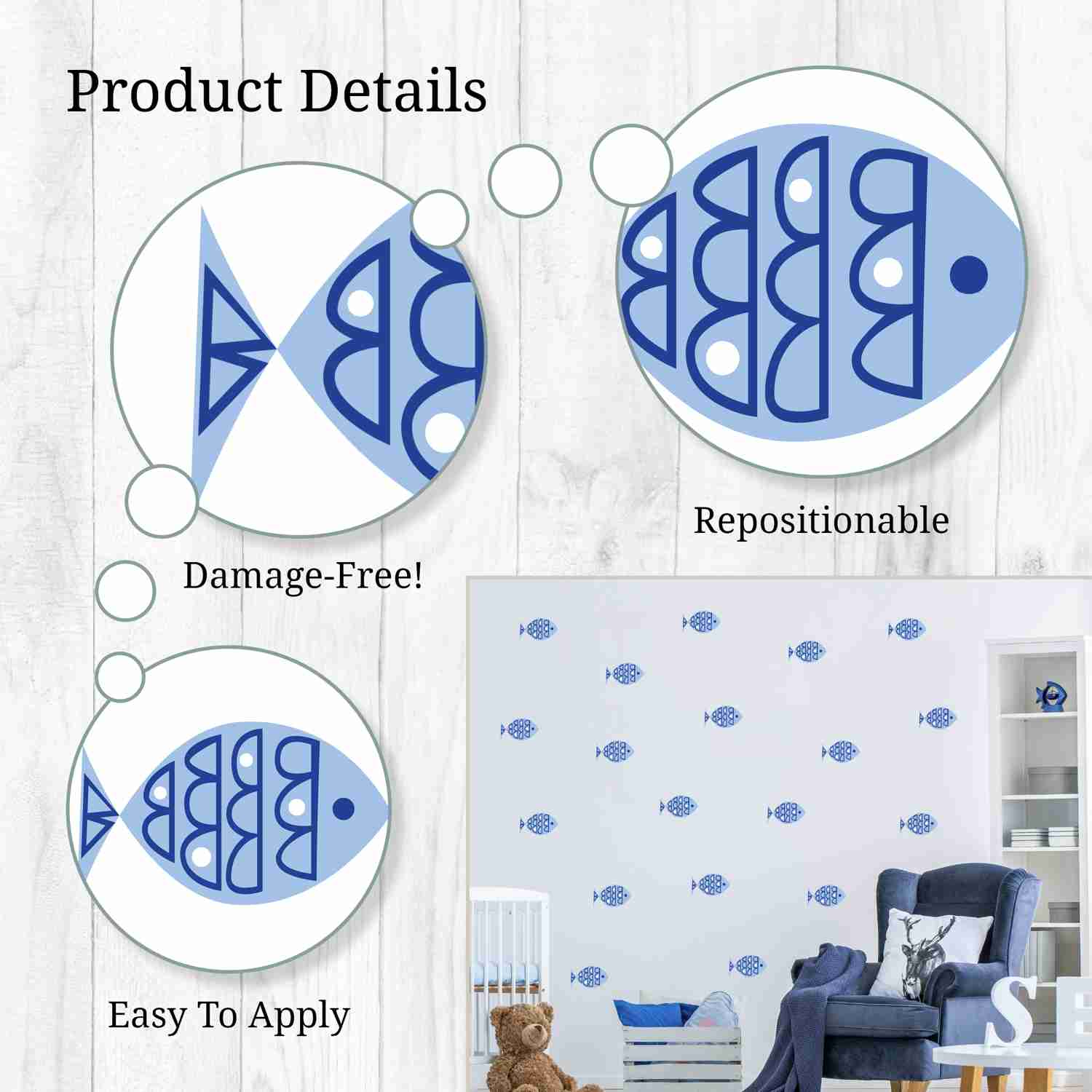 Blue Fish Wall Decals for Nursery and Home Decor
