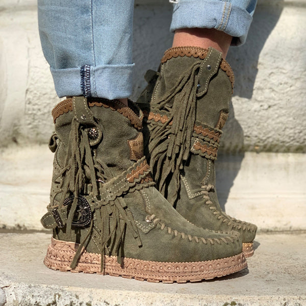 Corashoes Vintage Tassel Stone-Washed Boots