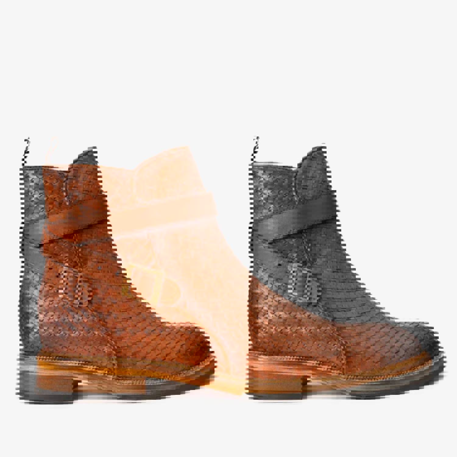 Morral Tan Handwoven Leather Cross Strap Buckle Zip-Up Men Boot