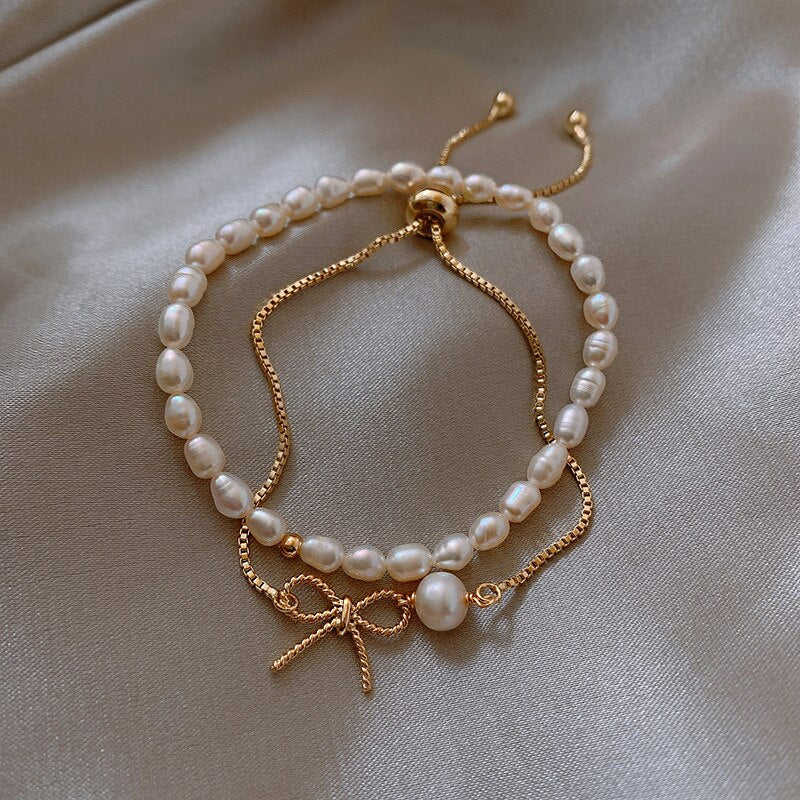 Elegant Women's Freshwater Pearl Adjustable Bowknot Bracelet