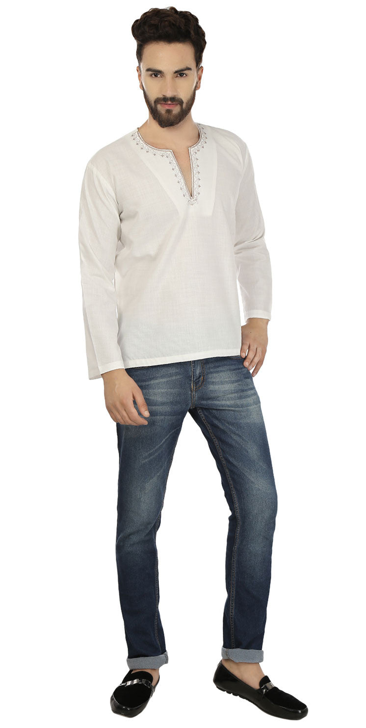 Men's Cotton Short Kurta Shirt - Off-White (India Clothing)