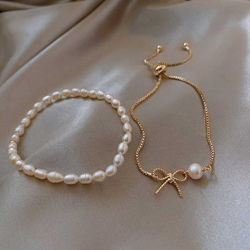 Elegant Women's Freshwater Pearl Adjustable Bowknot Bracelet