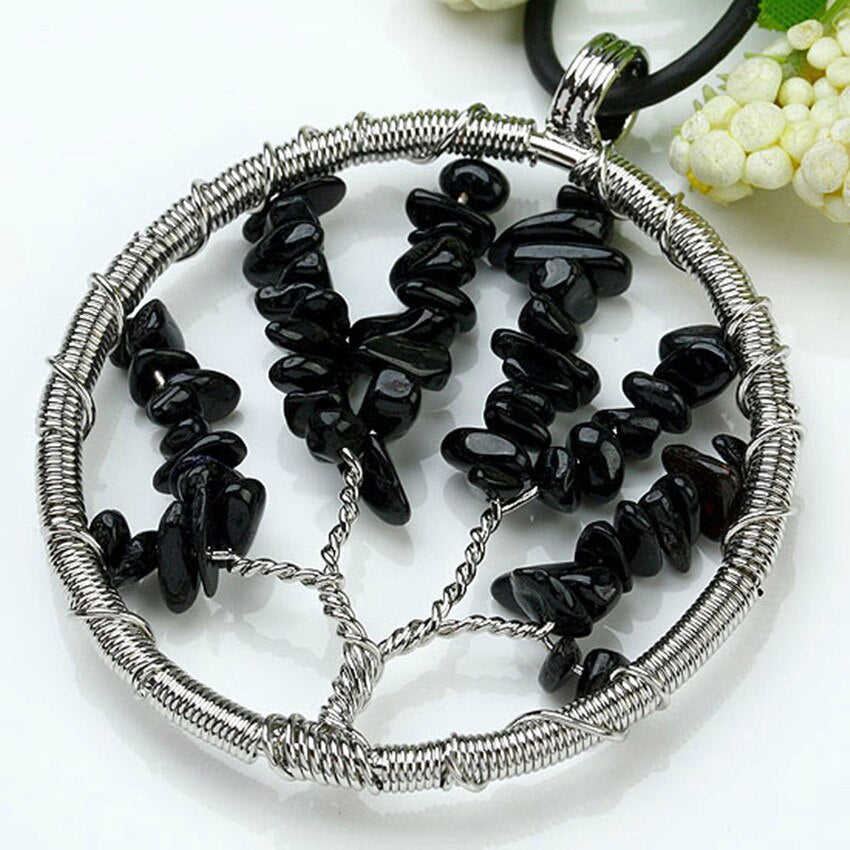 Natural Gnergy Gemstone Silver Plated Wire Wrapped Tree of Life Pendant Jewelry