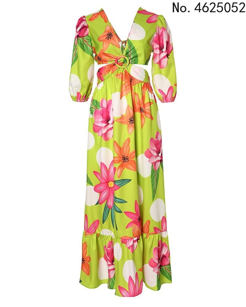 2023 African Summer Long Maxi Dress for Women - V-neck Fashion Print Short Sleeve