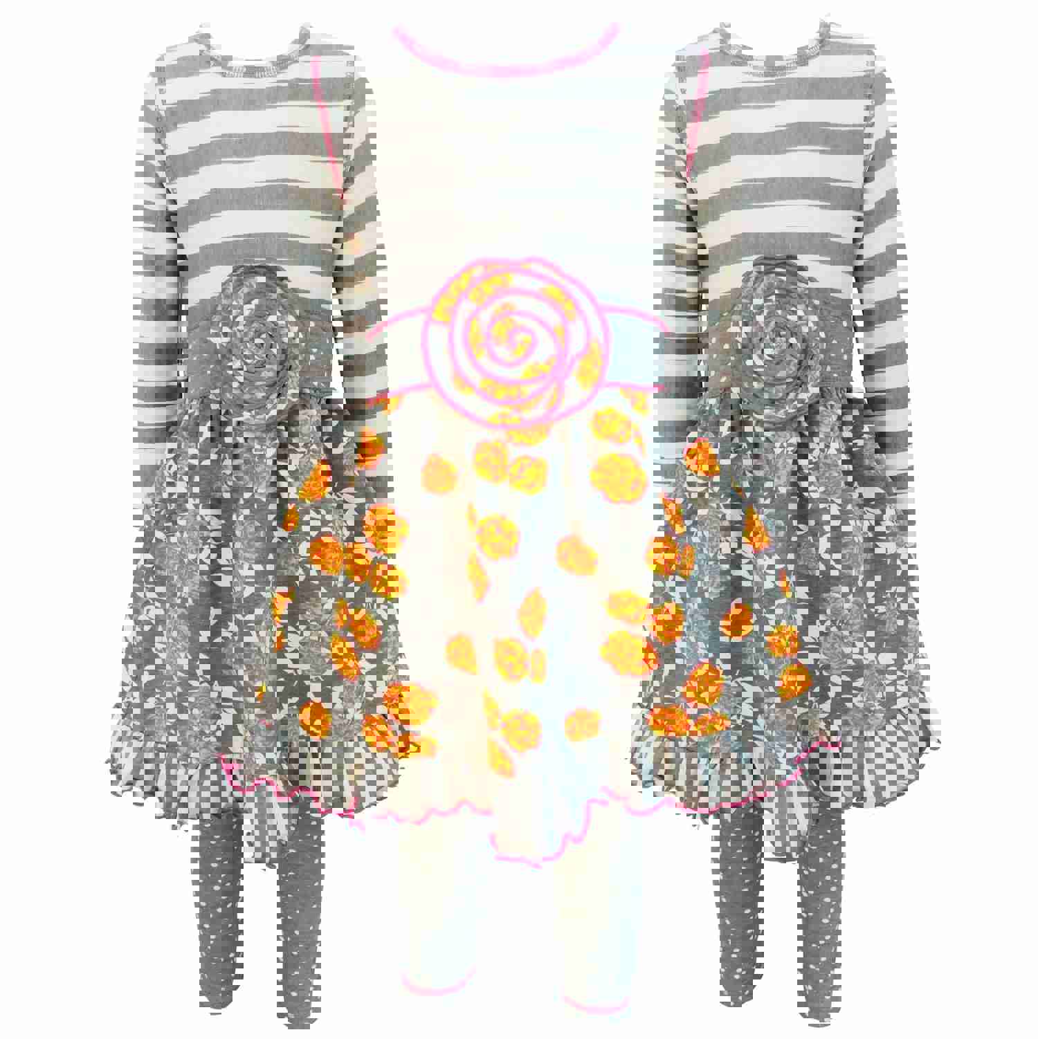 AnnLoren Boutique Grey Floral & Striped Dress with Polka Dot Leggings Set