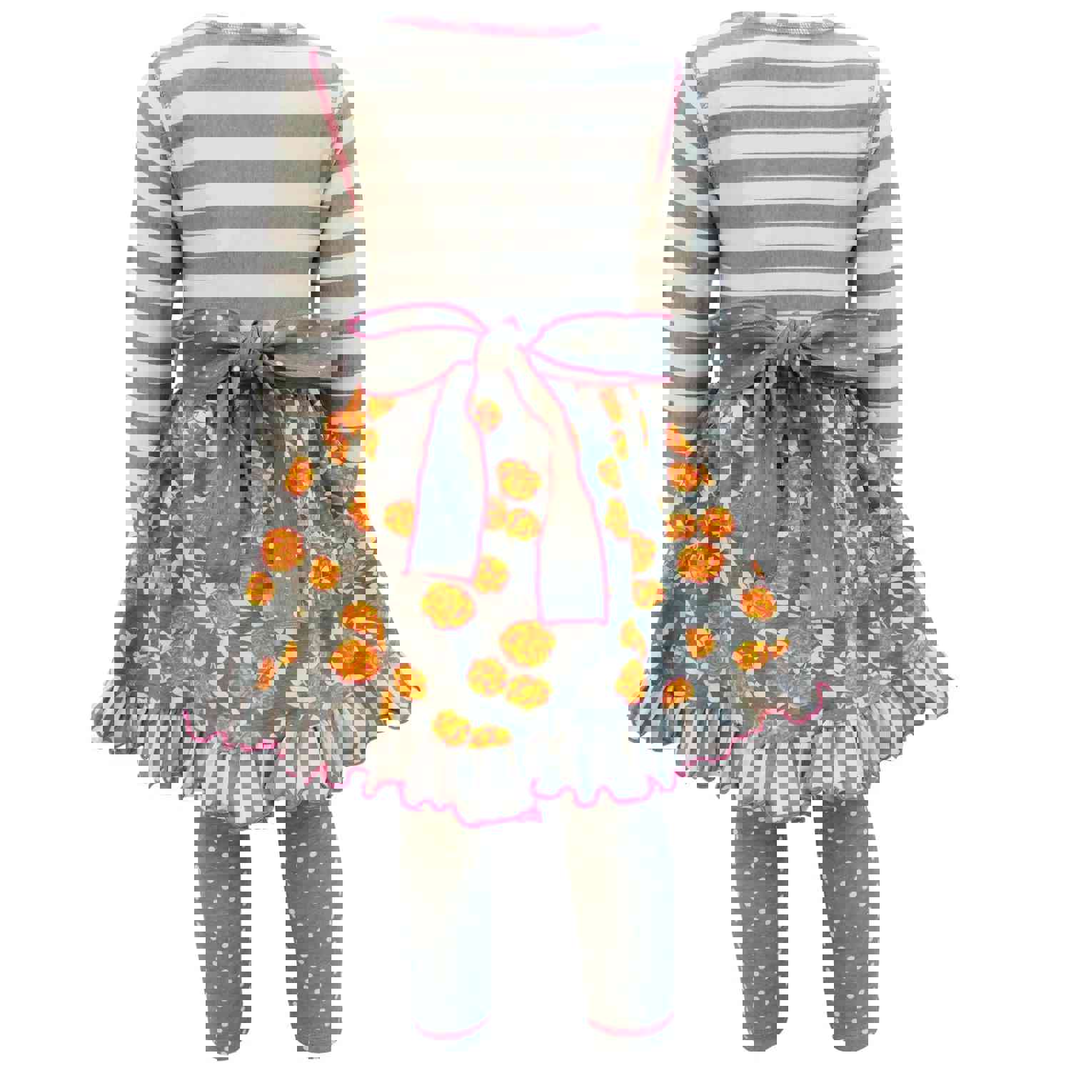 AnnLoren Boutique Grey Floral & Striped Dress with Polka Dot Leggings Set