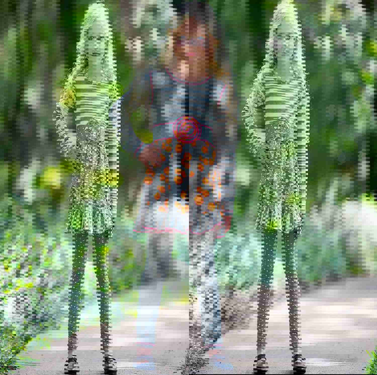 AnnLoren Boutique Grey Floral & Striped Dress with Polka Dot Leggings Set