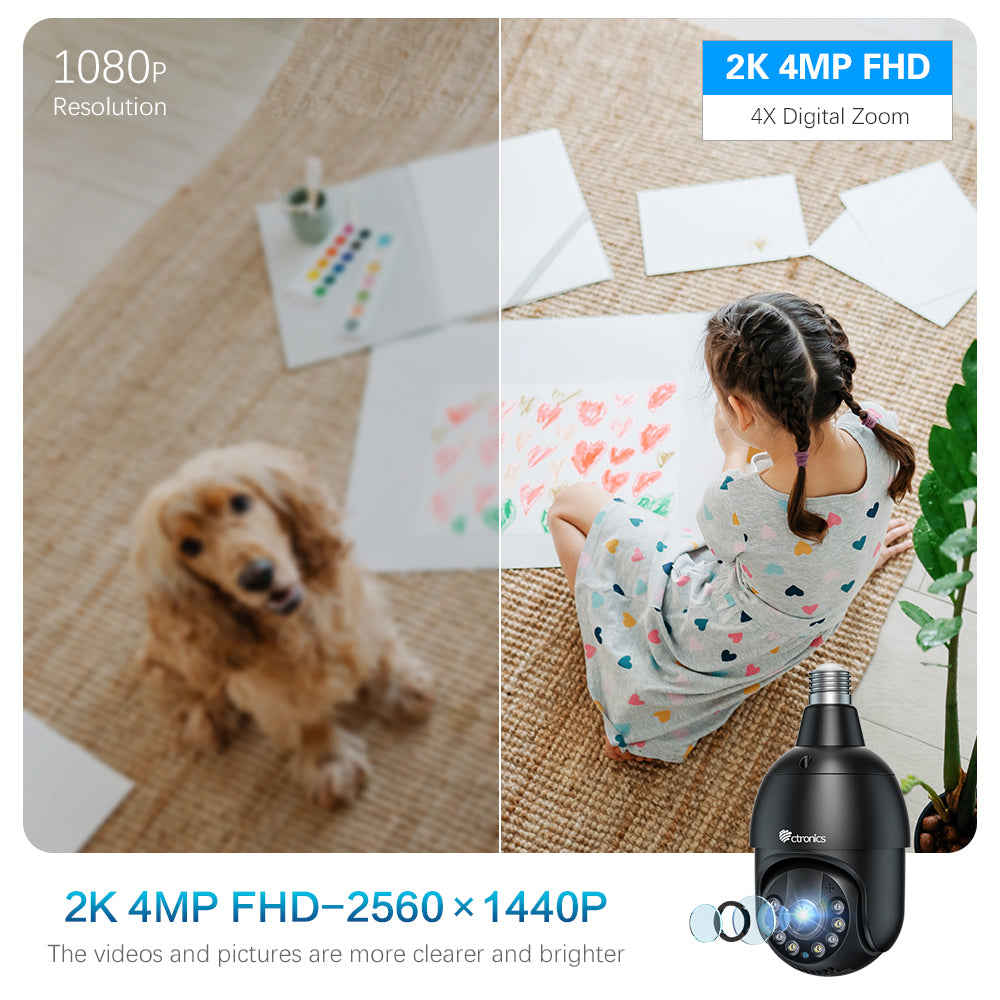 Ctronics 2.5K 4MP Light Bulb Security Camera with 2.4/5GHz WiFi & 65FT Color Night Vision