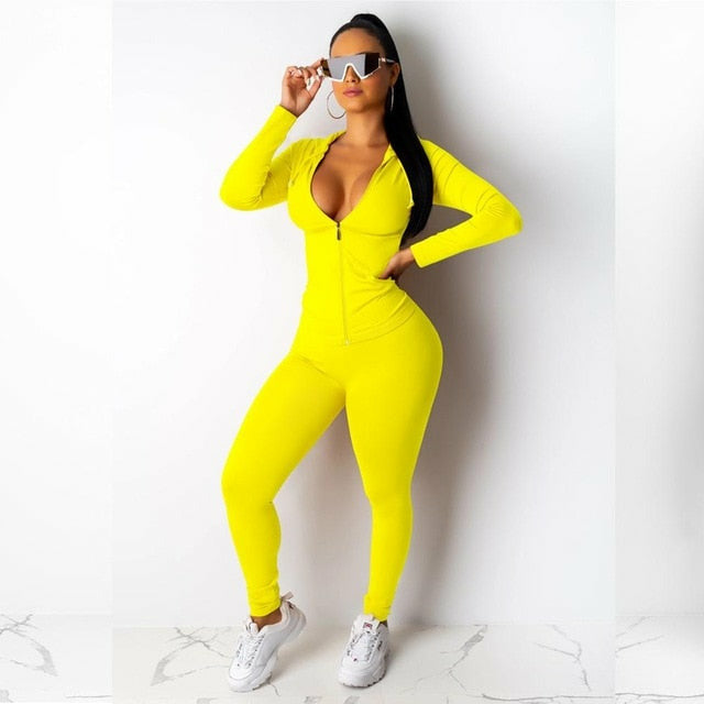 Women's Two-Piece Tracksuit Set - Streetwear Outfit with Zip-Up Jacket & Skinny Pants