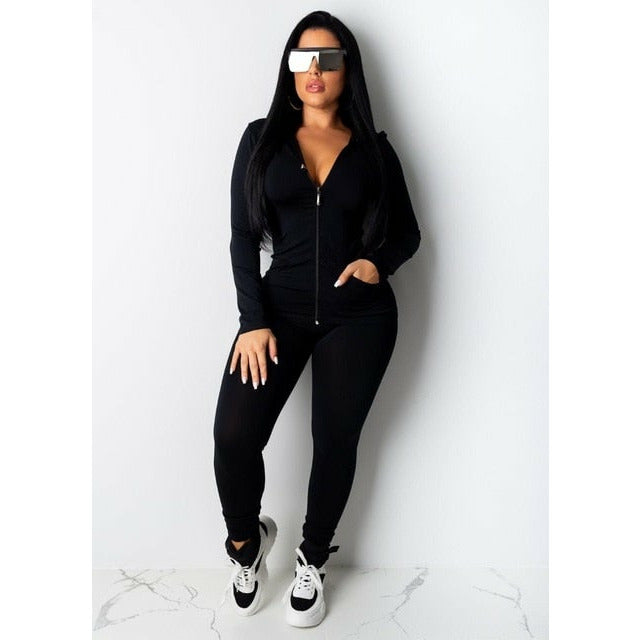 Women's Two-Piece Tracksuit Set - Streetwear Outfit with Zip-Up Jacket & Skinny Pants