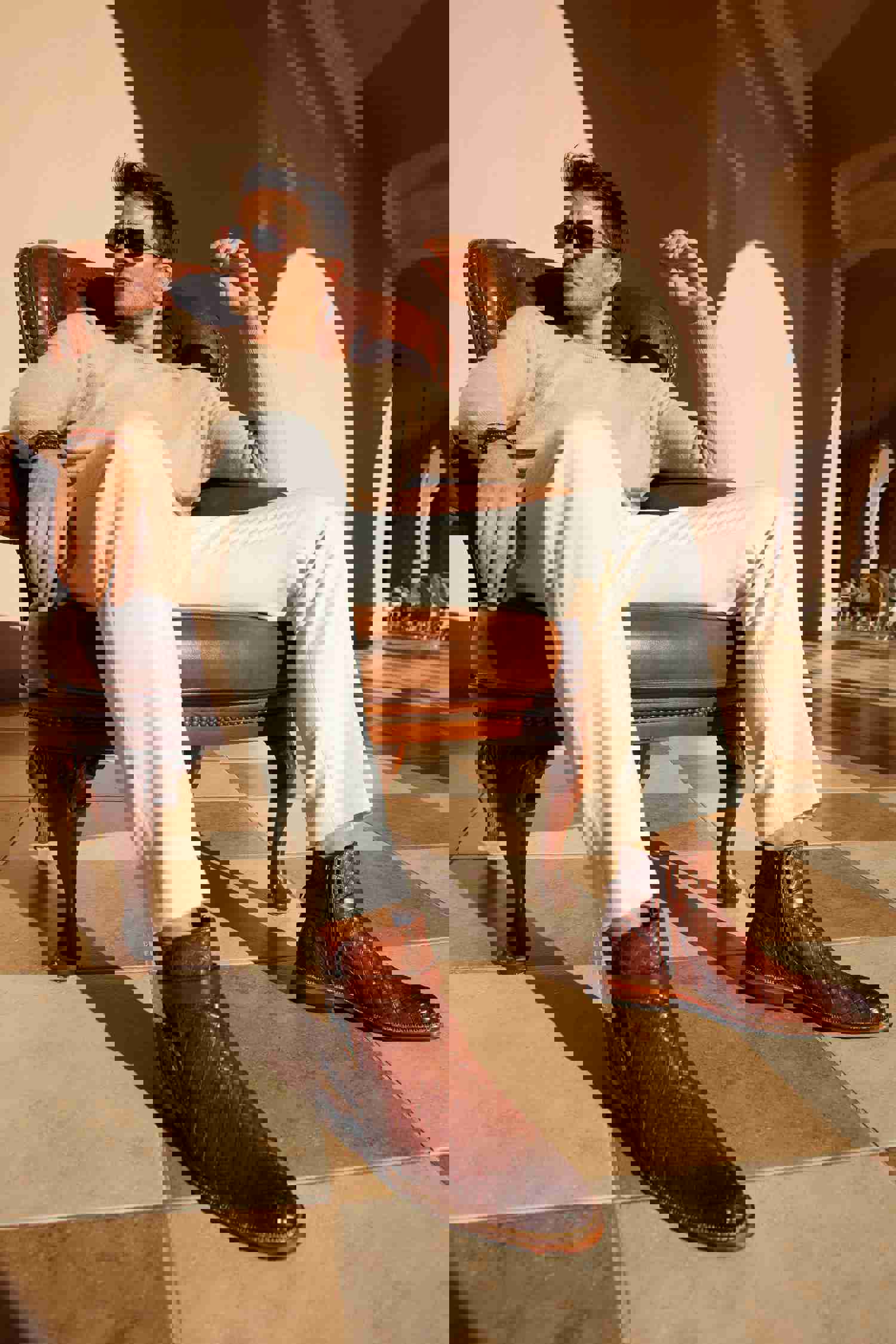 Morral Tan Handwoven Leather Cross Strap Buckle Zip-Up Men Boot