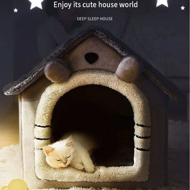 Cozy Enclosed Cat Bed with Removable Cushion - Warm Winter Pet House for Cats and Small Dogs