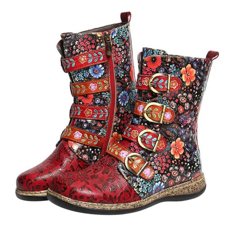 Flower Power Women's Mid Calf Boots - Bohemian Faux-Leather Boots with Floral Pattern