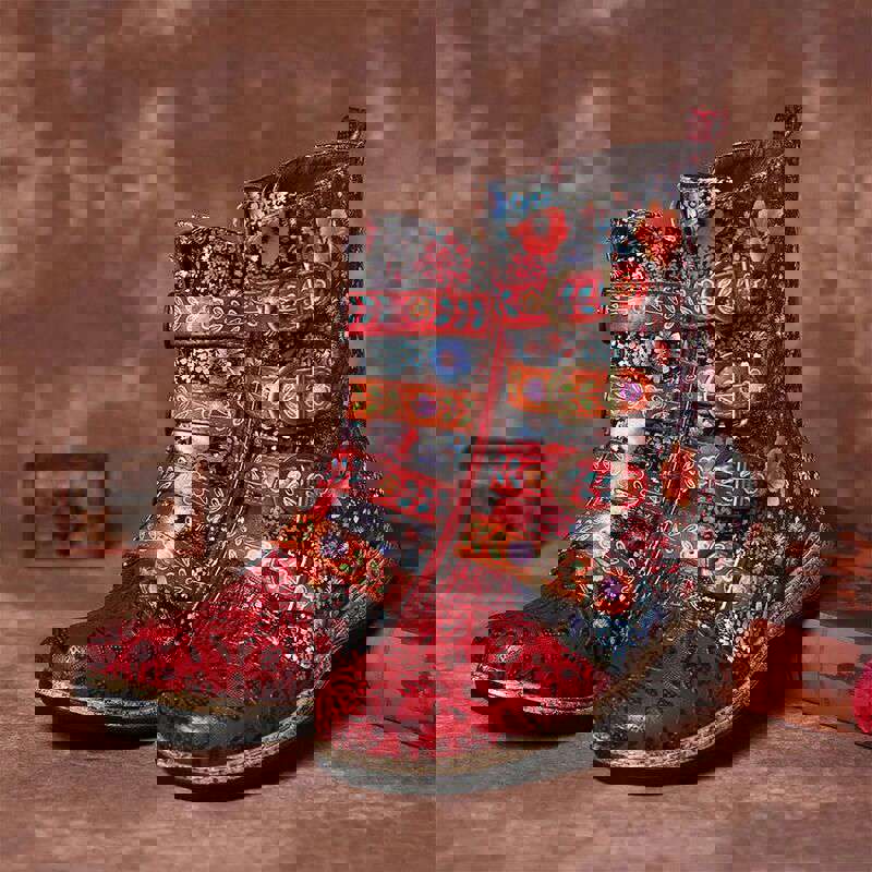 Flower Power Women's Mid Calf Boots - Bohemian Faux-Leather Boots with Floral Pattern