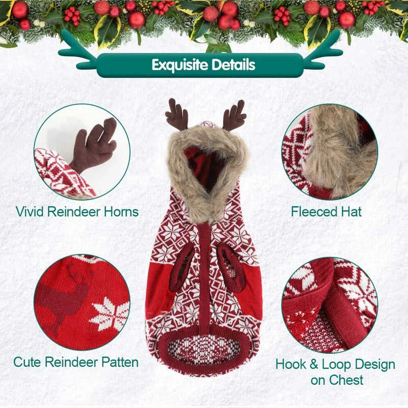Benepaw Christmas Dog Sweater - Warm Reindeer Hooded Knitted Pullover for Small & Medium Dogs