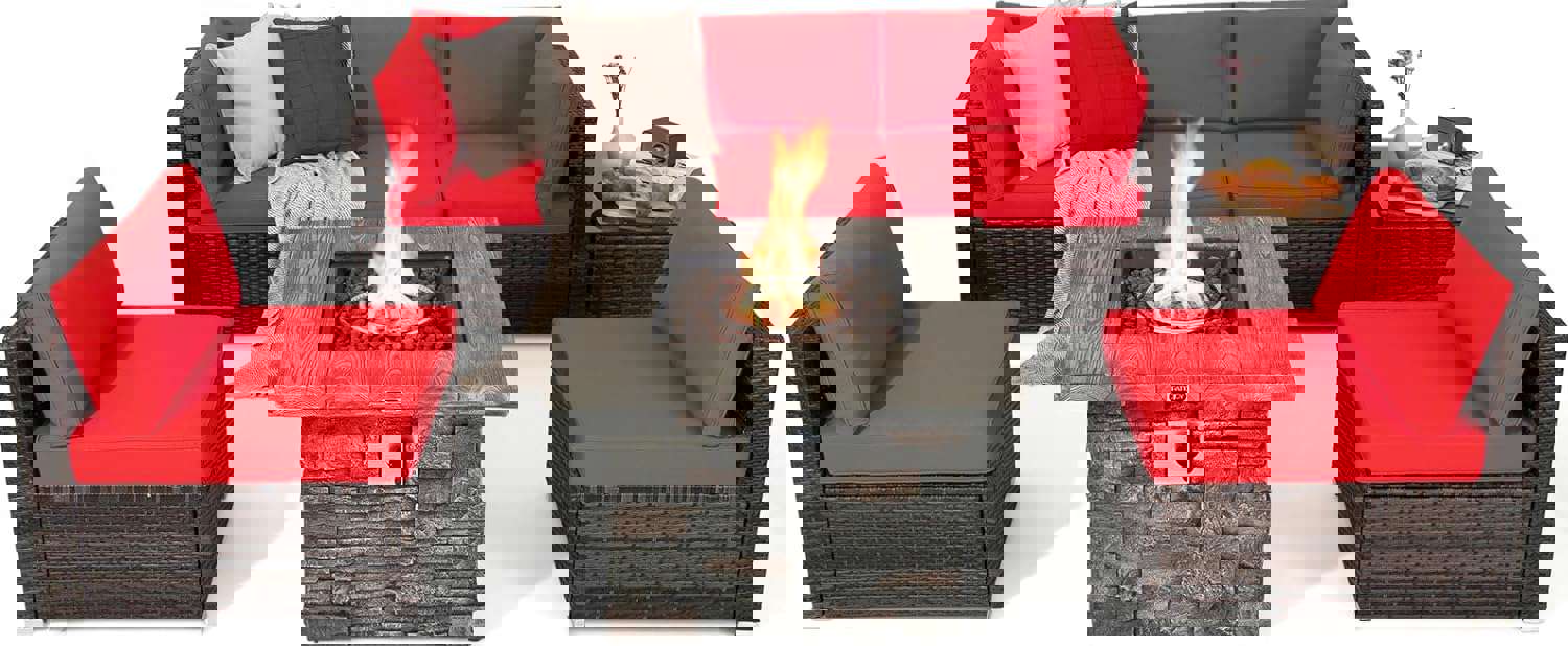 Tangkula 7 Pieces Patio Furniture Set with 50,000 BTU Fire Pit Table, Outdoor PE Wicker Conversation Sofa Set with Cushions