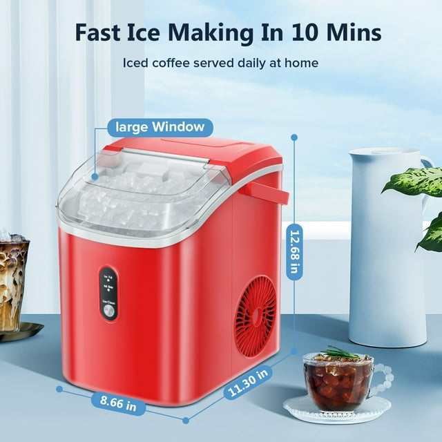KISSAIR Nugget Countertop Ice Maker, 35Lbs/24Hrs, Self-Cleaning Pebble Ice Machine with Ice Basket & Scoop - Red