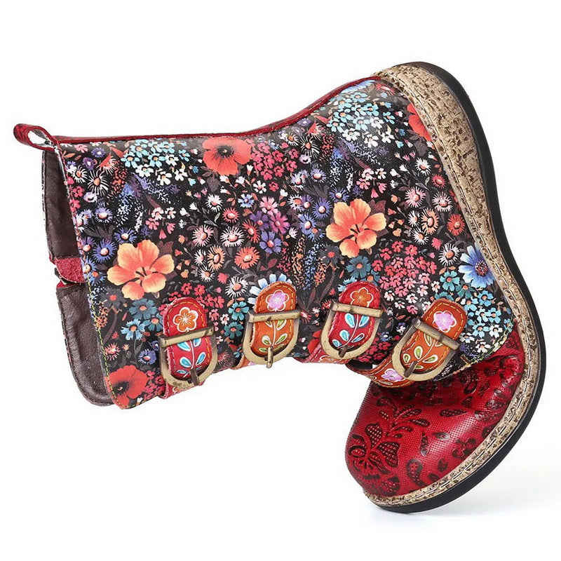 Flower Power Women's Mid Calf Boots - Bohemian Faux-Leather Boots with Floral Pattern