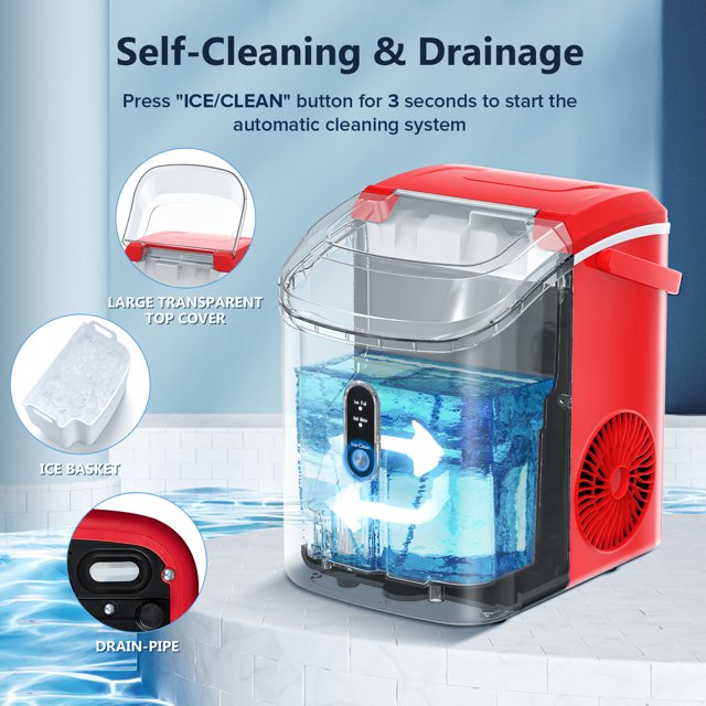KISSAIR Nugget Countertop Ice Maker, 35Lbs/24Hrs, Self-Cleaning Pebble Ice Machine with Ice Basket & Scoop - Red