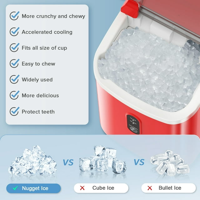 KISSAIR Nugget Countertop Ice Maker, 35Lbs/24Hrs, Self-Cleaning Pebble Ice Machine with Ice Basket & Scoop - Red
