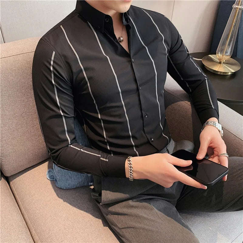 Nukty Men's Long Sleeve Stripe Dress Shirt - Slim Fit Casual & Formal Wear