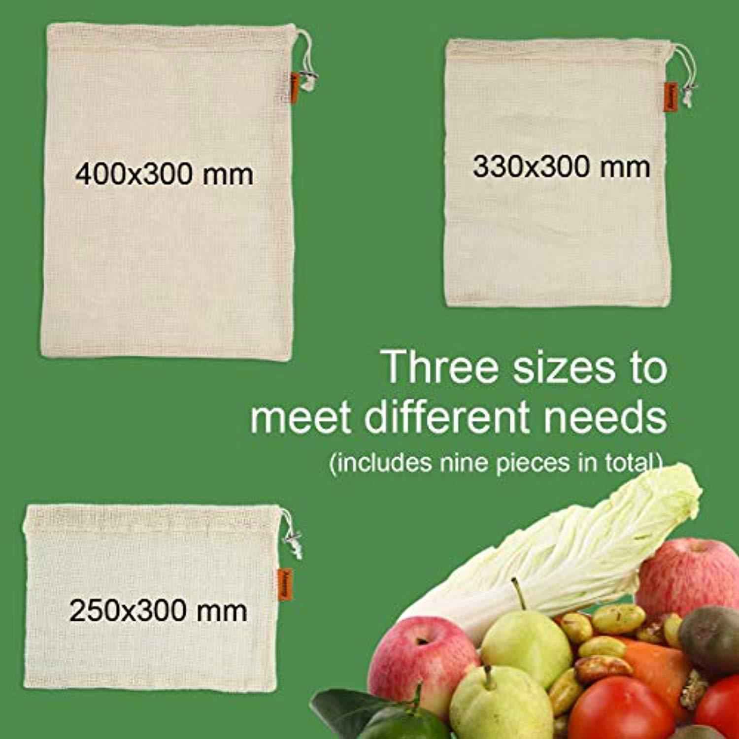 Aiseeny Organic Cotton Reusable Produce Bags - 9 Pack for Zero Waste Shopping
