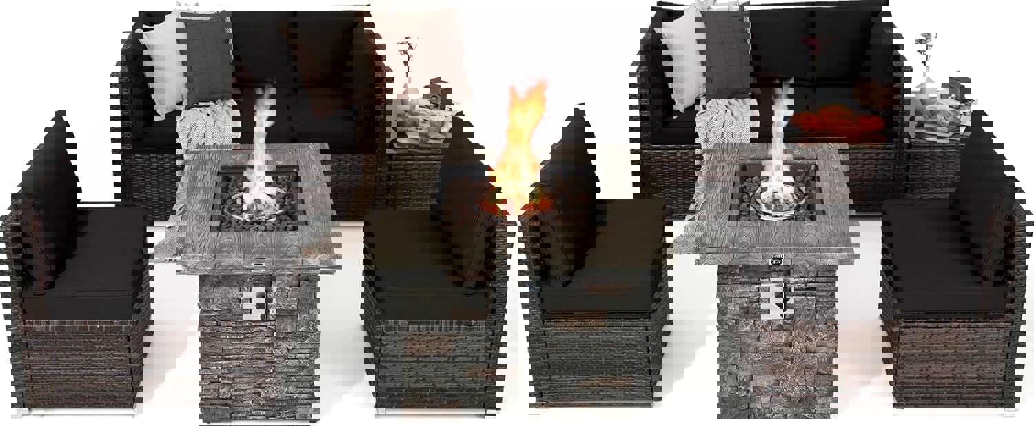 Tangkula 7 Pieces Patio Furniture Set with 50,000 BTU Fire Pit Table, Outdoor PE Wicker Conversation Sofa Set with Cushions