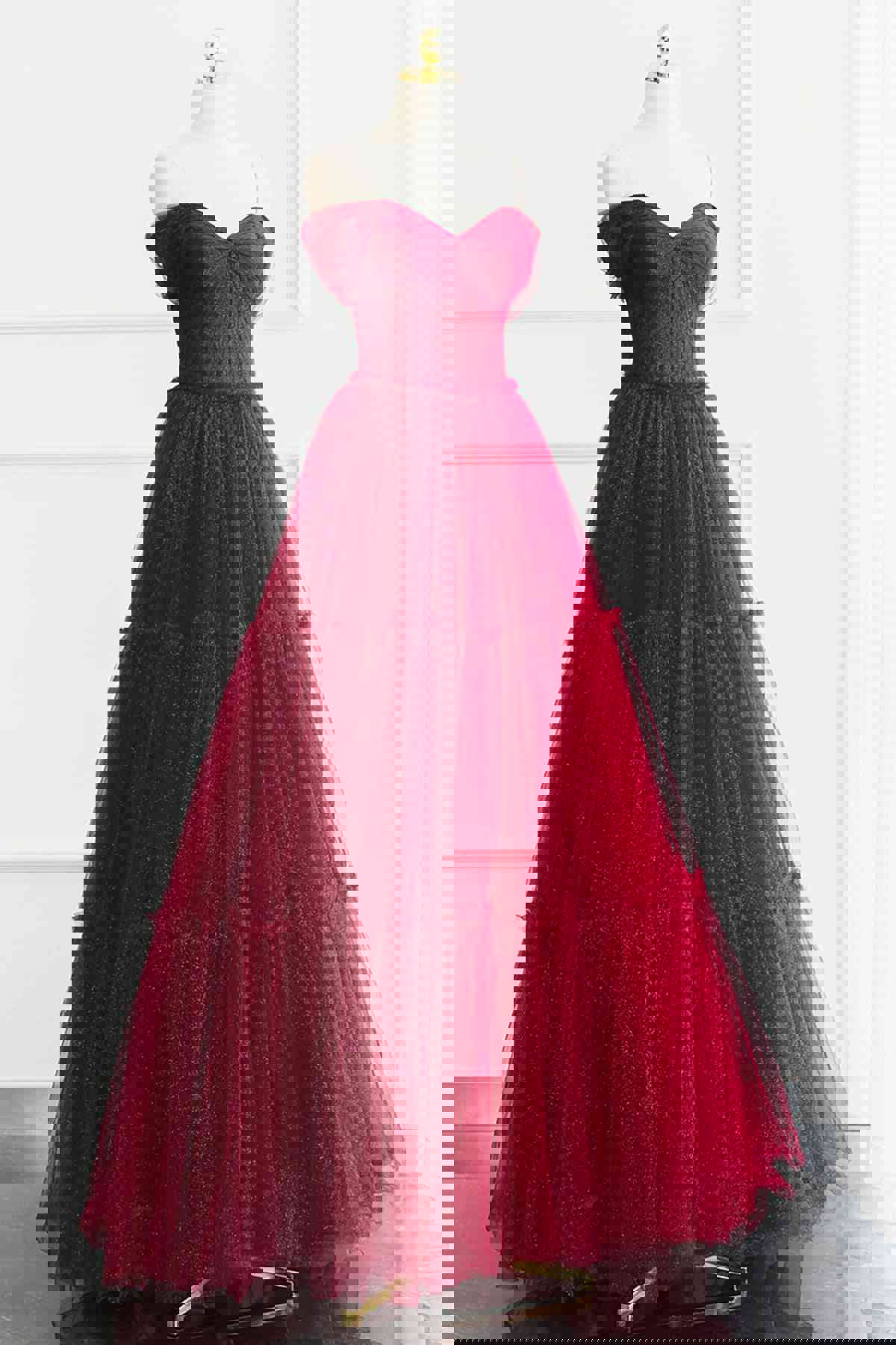 Burgundy Off-Shoulder Long Prom Dress with Tulle, Wine Red Formal Evening Gown