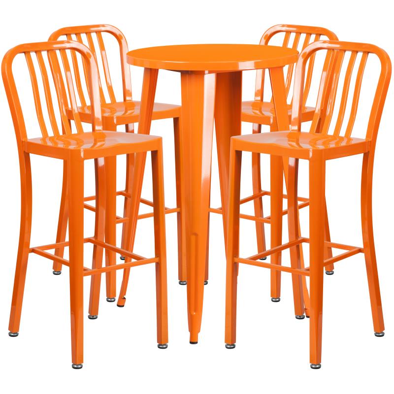 Richard Commercial Grade 24 Round Orange Metal Indoor-Outdoor Bar Table Set with 4 Stools