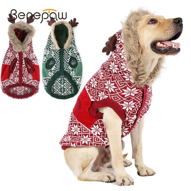 Benepaw Christmas Dog Sweater - Warm Reindeer Hooded Knitted Pullover for Small & Medium Dogs