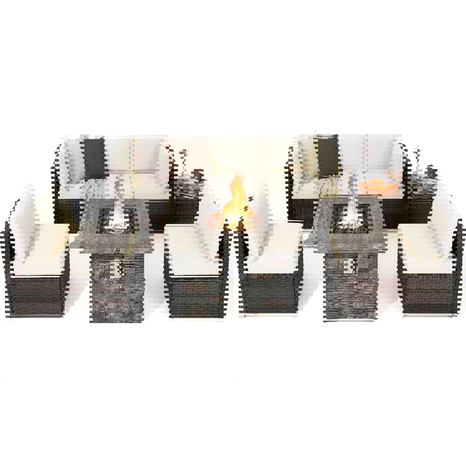 Tangkula 7 Pieces Patio Furniture Set with 50,000 BTU Fire Pit Table, Outdoor PE Wicker Conversation Sofa Set with Cushions